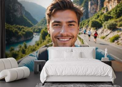 Handsome young man taking selfie portrait on summer vacation - Happy traveler smiling at camera on adventure journey - Technology, traveling and people concept Wall mural