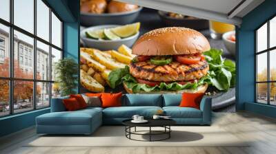 Healthy grilled salmon  burger on a bun Wall mural