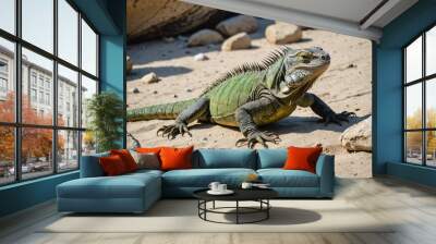 High angle of wild iguana crawling on sandy ground with rocks in daylight Wall mural