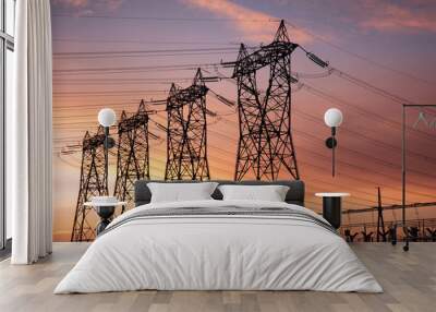 high voltage pylons silhouette cloudy sky background Wall mural