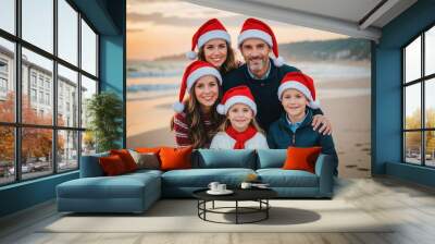 lifestyle family portrait on ocean beach in christmas santa claus red hats caps Wall mural