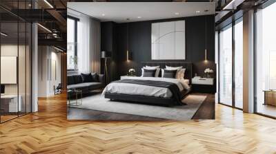 minimalistic stylish interior of luxury apartment with white stylish bedroom and dark living room Wall mural