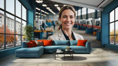 Portrait of a smiling businesswoman in a modern factory Wall mural