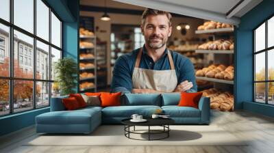 Portrait of confident male baker standing with arms crossed in bakery shop Wall mural