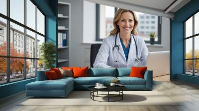 Portrait of smiling caucasian female doctor sitting at desk wearing using laptop computer Wall mural