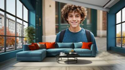 Portrait of smiling smart curly haired teenage boy holding book looking at camera. Back to school, Education concept Wall mural