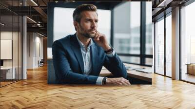 portrait of Thoughtful male entrepreneur sitting with hand on chin looking through window in office Wall mural