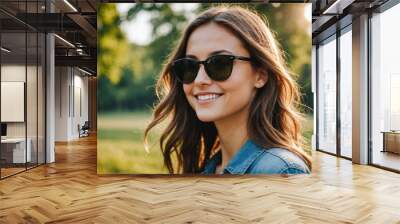 Profile side photo of young attractive girl wearing dark sunglasses, happy positive smile wear sunglass summer nature outdoors Wall mural