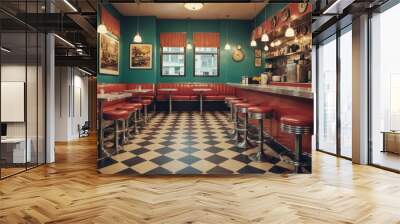 Retro, vintage and stools with interior in a diner, restaurant or cafeteria with funky decor Wall mural