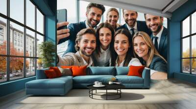 Smiling business team taking a selfie in office Wall mural