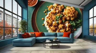 Top view of delicious roasted cauliflower with mashed potatoes and spiced harissa chickpeas served on ceramic plate on green table background Wall mural