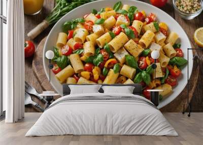 Warm rigatoni salad with hake and red and yellow pepper Wall mural