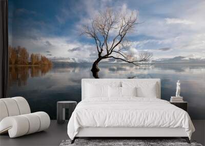 Lone tree, Lake Wanaka, New Zealand. Wall mural