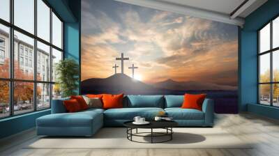 cross the crucifixion on the mountain jesus christ with a sunset background Wall mural