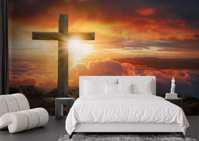 Crucifixion of jesus christ  cross at sunset Wall mural