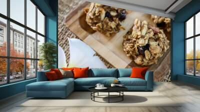 Top view of Healthy cookies with Oatmeal, Almond, Raisin, Banana and Peanut Butter inside. No sugar, No flour. on wooden background. Healthy clean foods concept. Wall mural