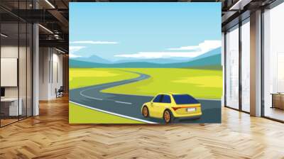 Cartoon Vector or Illustration of a yellow car on the road. Luxury cars driving on curved asphalt roads with driving. Green open fields and mountain under blue sky for background. Wall mural