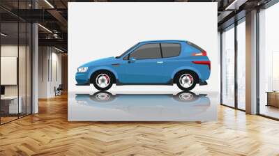 Concept vector illustration of detailed side of a flat electric vehicle car blue color. with shadow of car on reflected from the ground below. And isolated white background. Wall mural