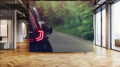 Rear side view of dark car with red light of brake. Driving speed on the aspahtl road with blurred of green forest beside road.  Wall mural