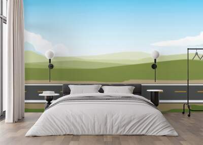 Travels of pickup car with driving for banner. Asphalt road near the meadow with spring tree. Under clear sky and white clouds. Copy Space Flat Vector. Wall mural