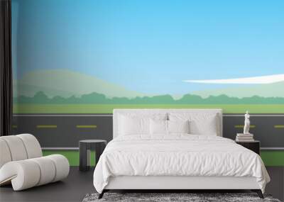 Travels of sport car with driving for banner. Asphalt road near the meadow with green mountain under clear sky. Copy Space Flat Vector. Wall mural