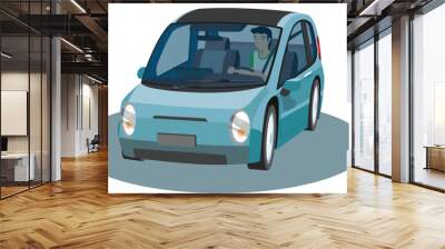 Vector or Illustrator of isometric view of blue car. Glass transparent can view inside car. Driving man alone go to travel. On isolated white background for textured. Wall mural