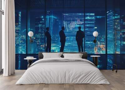 Silhouetted figures overlook a vibrant city skyline filled with glowing buildings and digital displays, suggesting a futuristic or corporate atmosphere. Wall mural