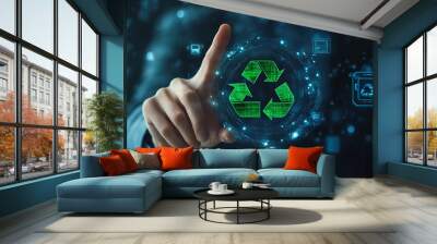 Businessman pointing at green recycle symbol or sign with his finger on digital display screen. Ecology and environment conservation and sustainability concept Wall mural