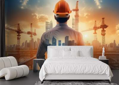 Civil engineer portrait as concept for building construct by professional with hardhat helmet engineer with double exposure of cityscape, urban with background of skyscraper. Flawless generative AI Wall mural