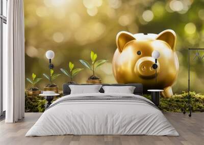 Plants that grow in a golden pig piggy bank Savings coins, saving money concept stock photo images for web banner background Wall mural