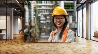 Women engineer smile and factory background. Wall mural