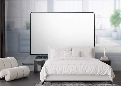 blank screen of laptop on wood top table Wall mural