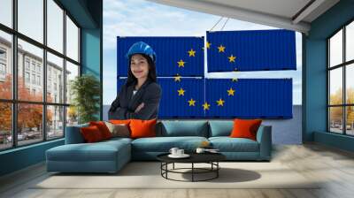 eu logistic concept, asian business woman and container background Wall mural