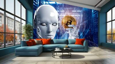 white robot holding crypto coin in hand Wall mural