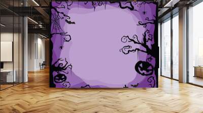 Vector Halloween purple background with flying bats, spiders, web, cobweb, pumpkins, tombs, tree. Wall mural