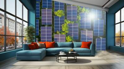 Top view of solar panels (solar cell) in solar farm with green tree and sun lighting reflect .Photovoltaic plant field. Wall mural