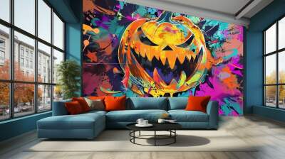 A vibrant and spooky Halloween pumpkin illustration with colorful splashes, perfect for festive decorations and seasonal themes. Wall mural