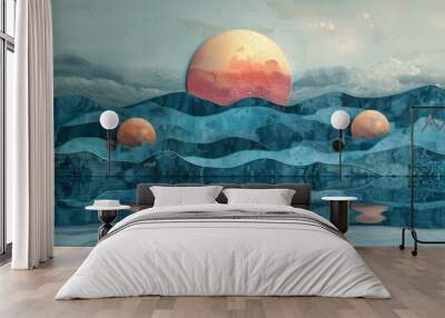 A serene 3D backdrop in Mango Mojito and Terrarium Moss hues, guided by the moon, symbolizes enlightenment as a journey with serene negative space, evoking peace and appreciation. Wall mural