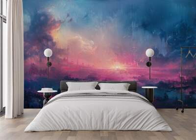 An apocalyptic cityscape glowing in electric pink, azure, and powder blue, reminiscent of a Renaissance oil painting. Beauty and doom collide in a futuristic world on the brink. Wall mural