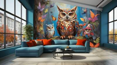 owl on a branch with 2 other owl . Created using generative AI
 Wall mural