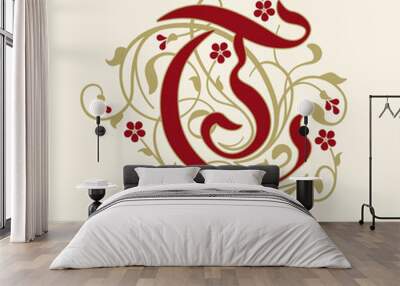 Ornamental Initial Letter T With Golden Tendrils, Leaves  And Small Burgundy Flowers On A Beige Background Wall mural