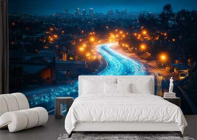 A city street with a blue light effect on the road Wall mural