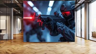 A soldier in futuristic gear aims a rifle with a red laser sight in a dimly lit corridor. Wall mural