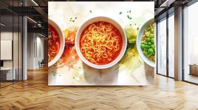 Delicious instant noodles, food illustration, appetizing design , rule of thirds composition shot, white background colorful animation stills line drawings modular construction Wall mural