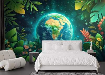 Fantasy flora and fauna surrounding tiny Earth, flat pastel illustration Wall mural