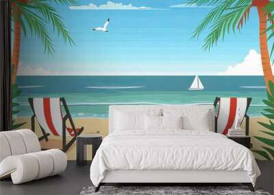 Summer Beach Posters Vacation by the Sea, modern flat vector concept illustration , rule of thirds composition shot, add copyspace for text Wall mural