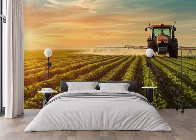 Tractor spraying crops at sunset on a vast farm field  , flat design, organic lines, Wall mural