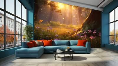 Dreamy wildflowers in enchanted forest, generative Ai Wall mural