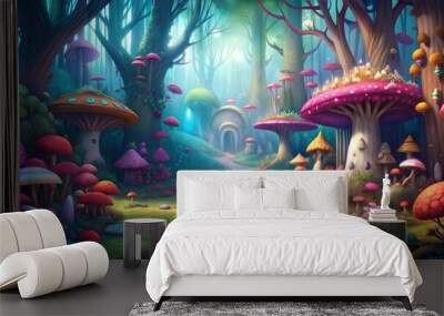 retro whimsical fairy tale enchanted forest glade background Wall mural