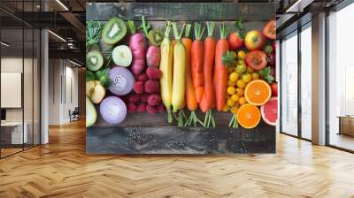 A colorful array of fresh fruits and vegetables artfully arranged on a rustic wooden table, showcasing the vibrancy of healthy eating Wall mural